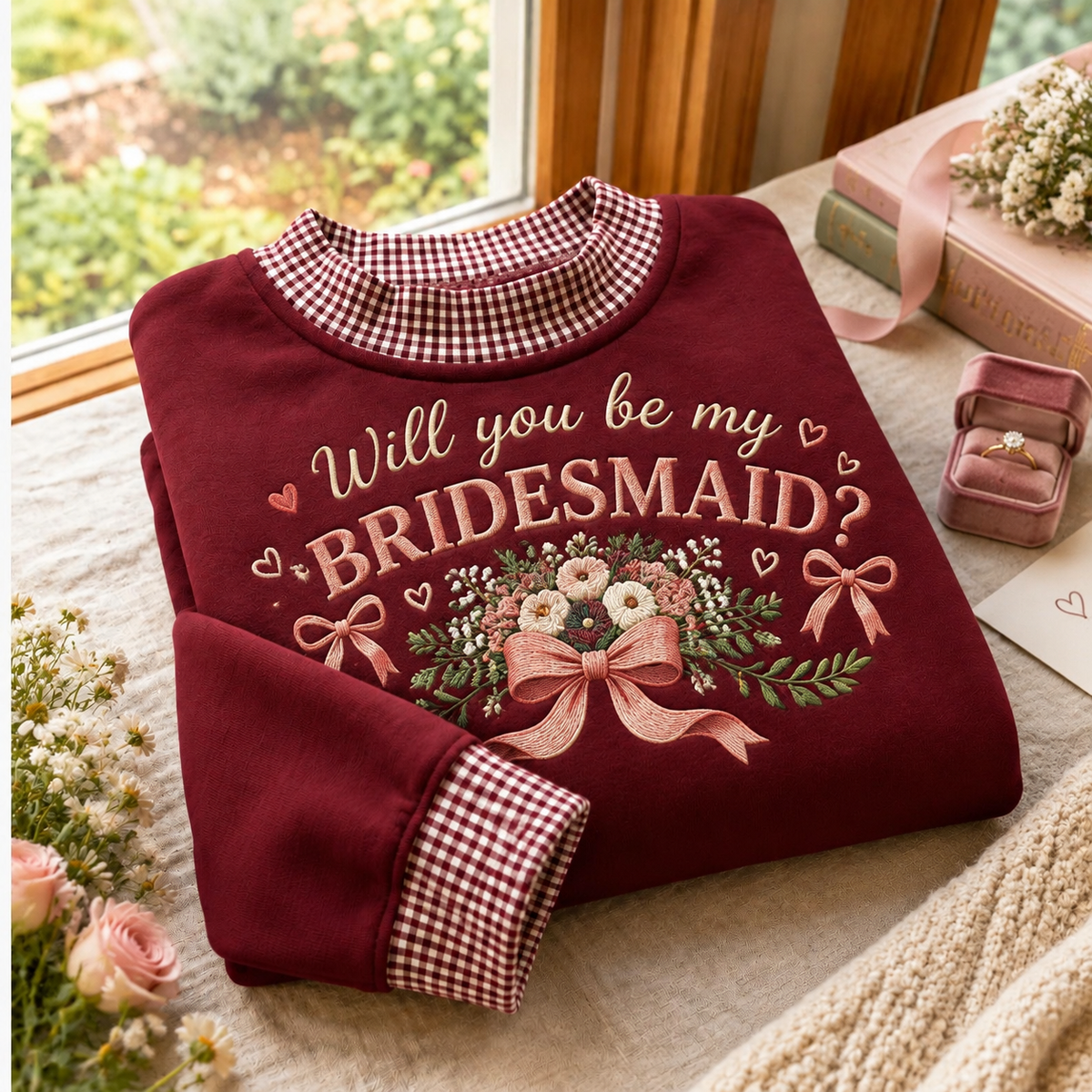 Gingham Sweatshirt LN Bridesmaid Proposal, Soft Cotton Blend Pullover for Bridal Party Invitation Gift