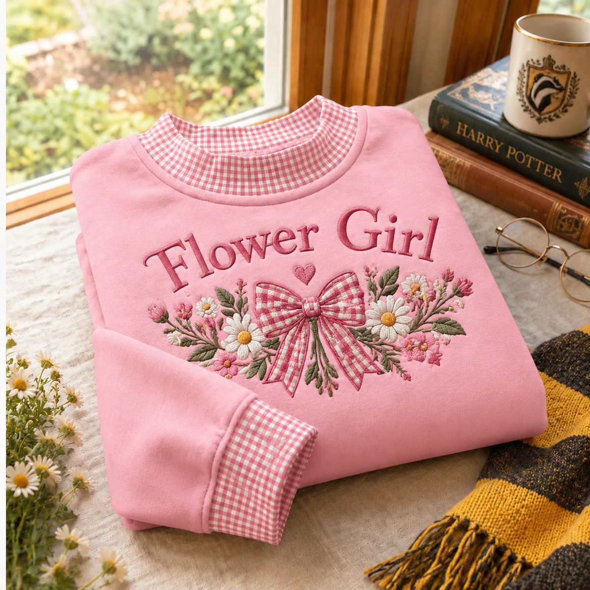 Gingham Sweatshirt LN Flower Girl, Soft Cotton Blend Pullover for Wedding Party and Bridal Ceremony Gift