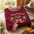 Gingham Sweatshirt LN Newlywed Wife, Cozy Cotton Blend Pullover for Just Married Couples and Honeymoon Gift