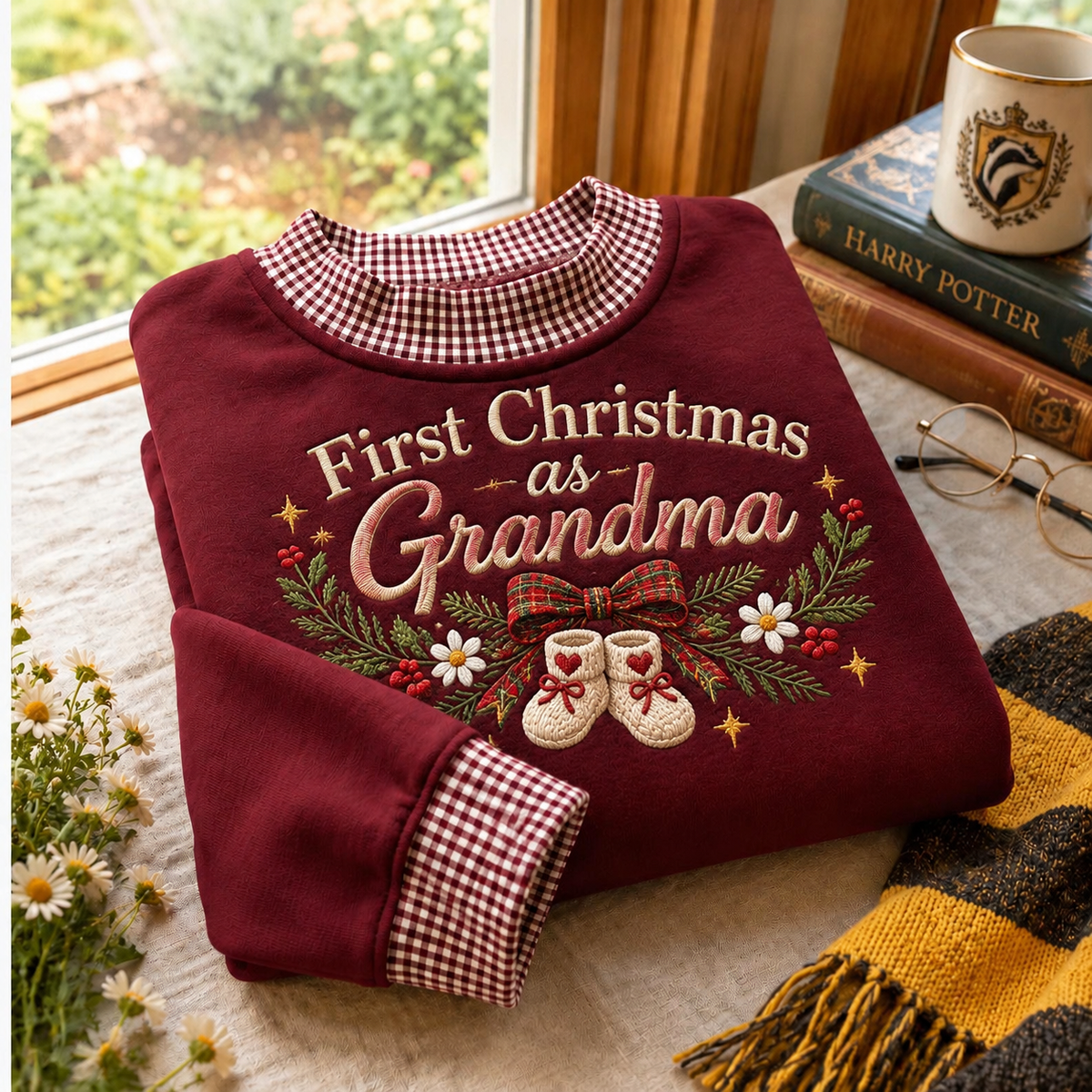 Grandma's First Christmas Gingham Sweatshirt Ln, Festive Holiday Gift