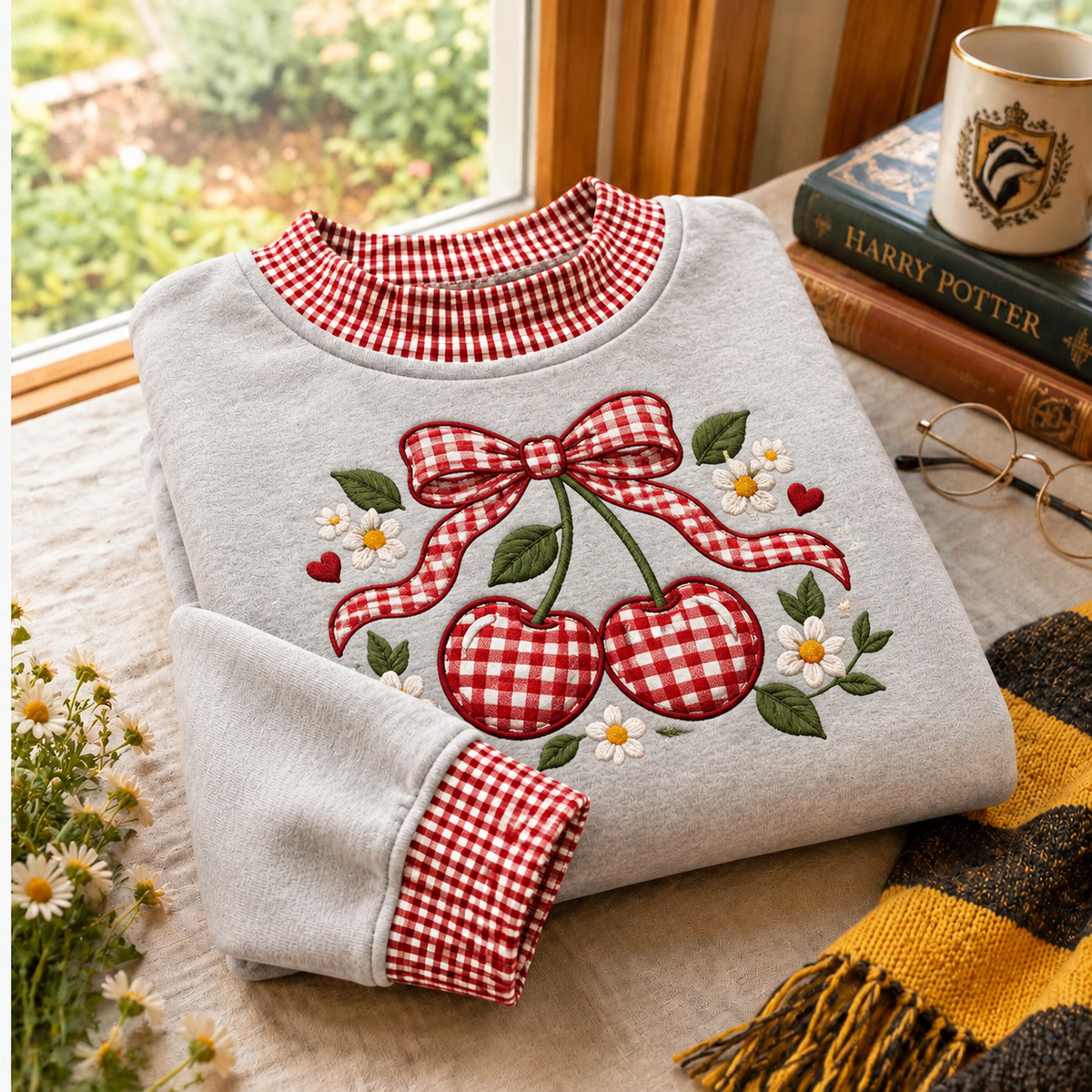Red Cherry Gingham Sweatshirt Ln, Sweet Retro Fruit Pattern