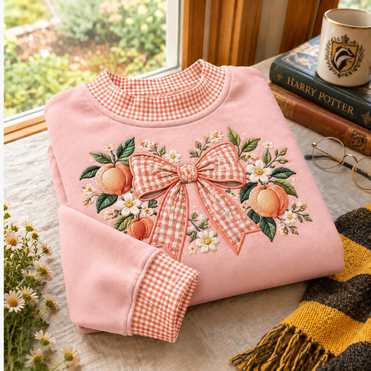 Peach Bow Gingham Sweatshirt Ln, Coquette Aesthetic Casual Pullover