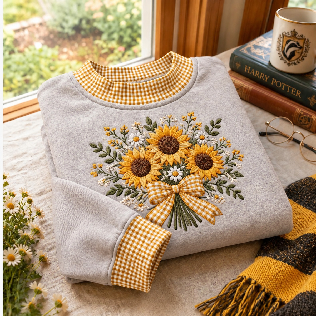 Sunflower Bouquet Gingham Sweatshirt Ln, Rustic Floral Garden Gift