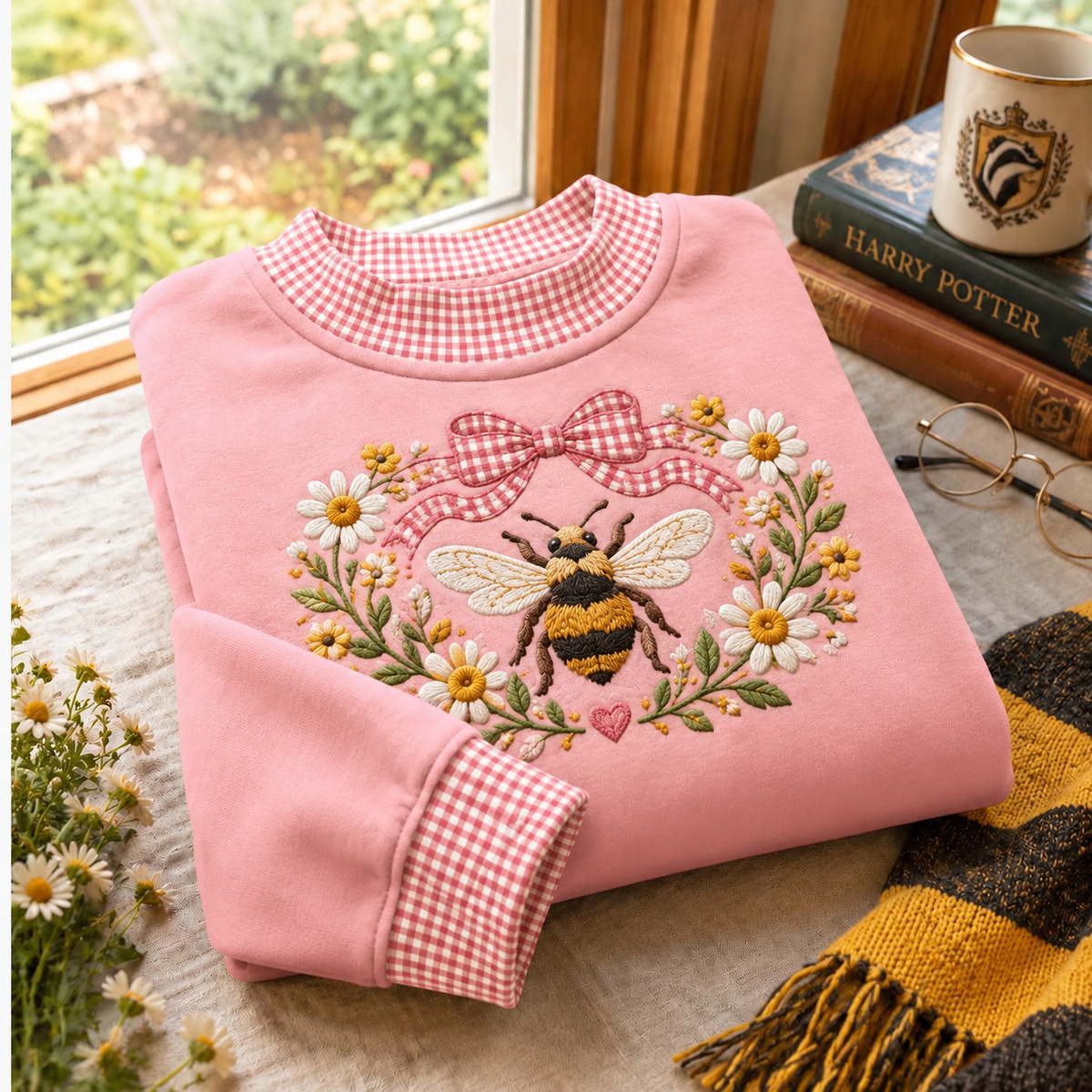 Honey Bee Gingham Sweatshirt Ln, Cute Pollinator Nature Lover Gift