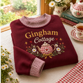 Cottage Teapot Gingham Sweatshirt LN, Vintage Kitchen Aesthetic Apparel