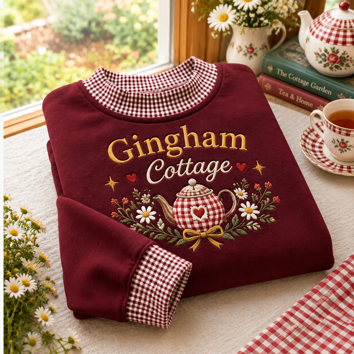 Cottage Teapot Gingham Sweatshirt LN, Vintage Kitchen Aesthetic Apparel