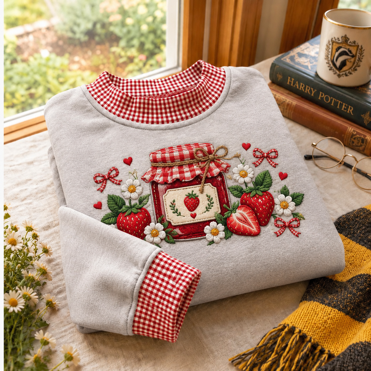 Strawberry Jam Jar Gingham Sweatshirt LN, Rustic Kitchen Apparel