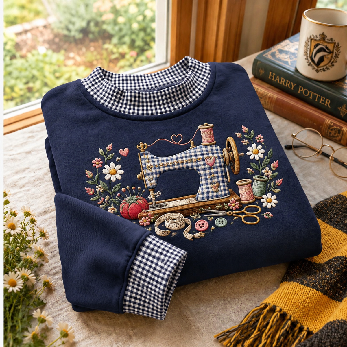 Vintage Sewing Machine Gingham Sweatshirt Ln, Retro Quilter Craft Gift