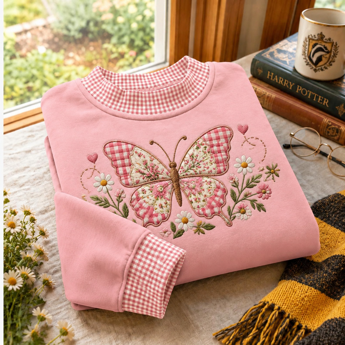 Patchwork Butterfly Gingham Sweatshirt Ln, Colorful Quilting Inspired Style