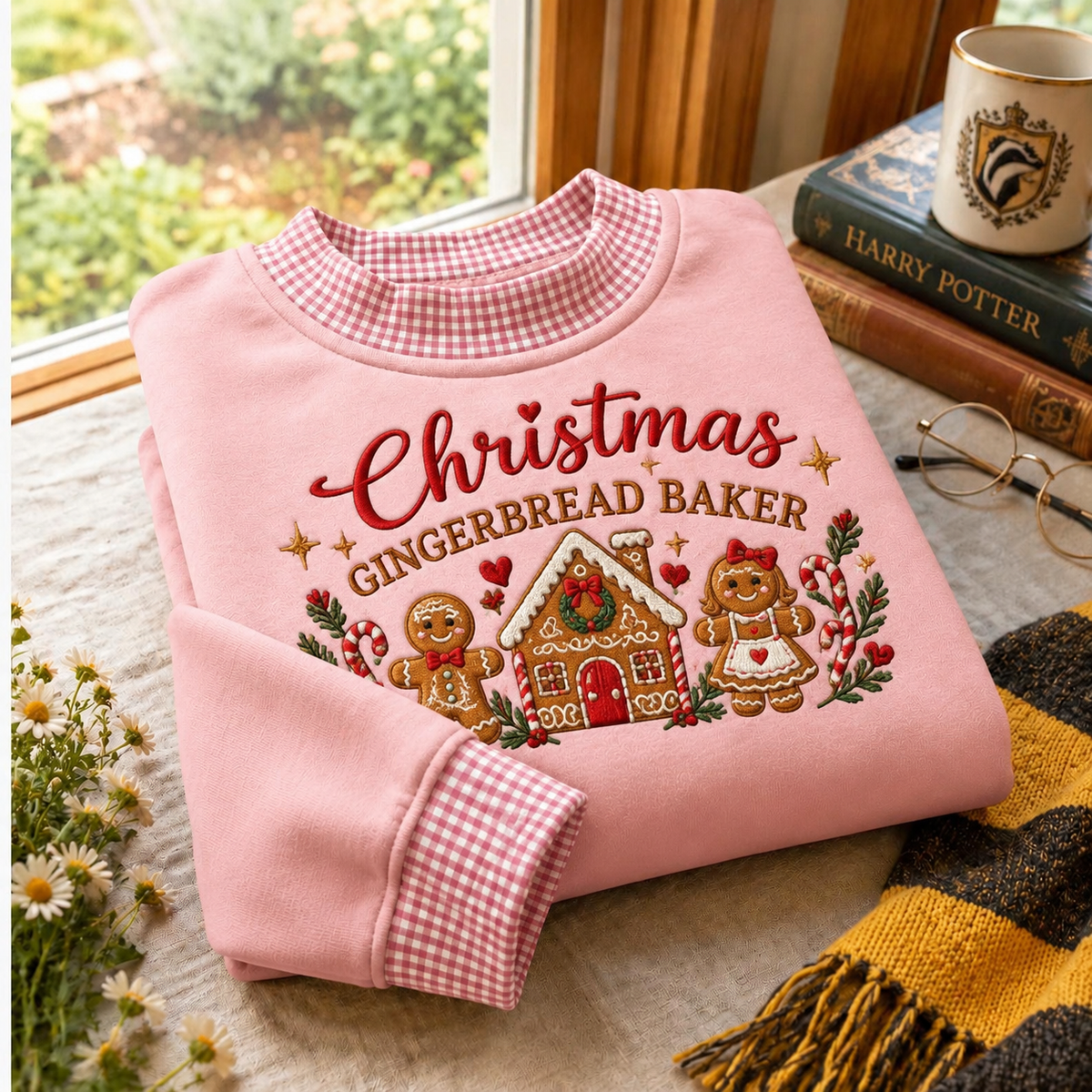 Christmas Gingerbread Baker Gingham Sweatshirt Ln, Festive Holiday Apparel