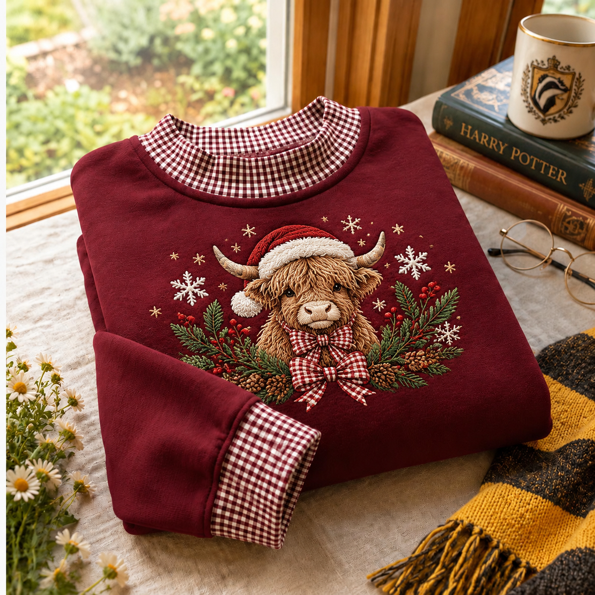 Christmas Highland Cow Gingham Sweatshirt Ln, Rustic Farmhouse Holiday Gift