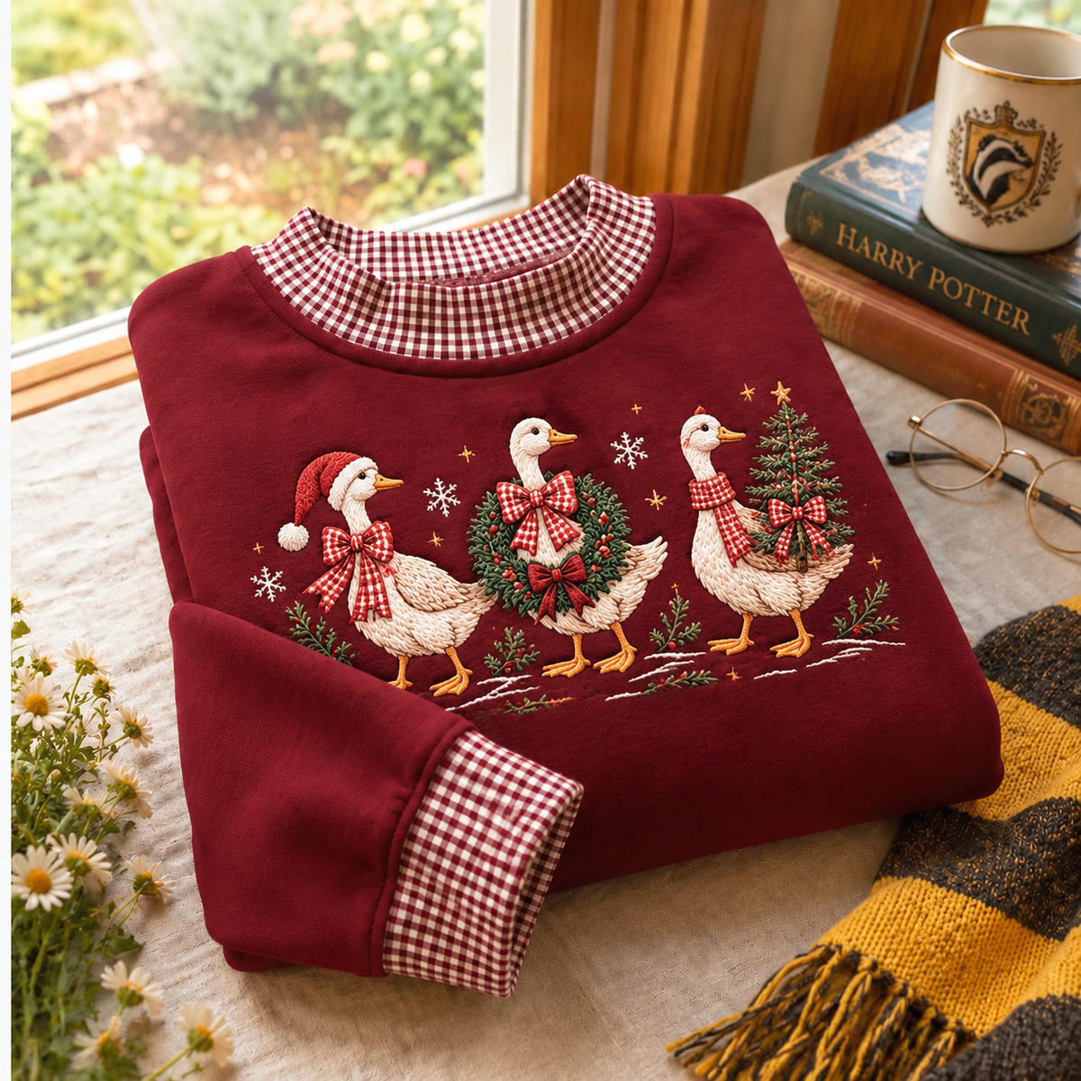 Gingham Sweatshirt LN Christmas Farm Goose, Soft Cotton Blend Pullover for Cozy Country Holiday Outfits
