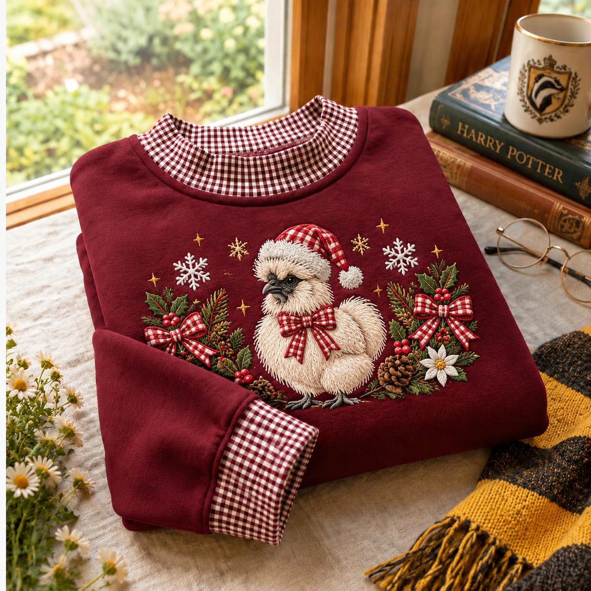 Gingham Sweatshirt LN Christmas Silkie Chicken, Cozy Cotton Blend Holiday Pullover for Farm Animal Lovers