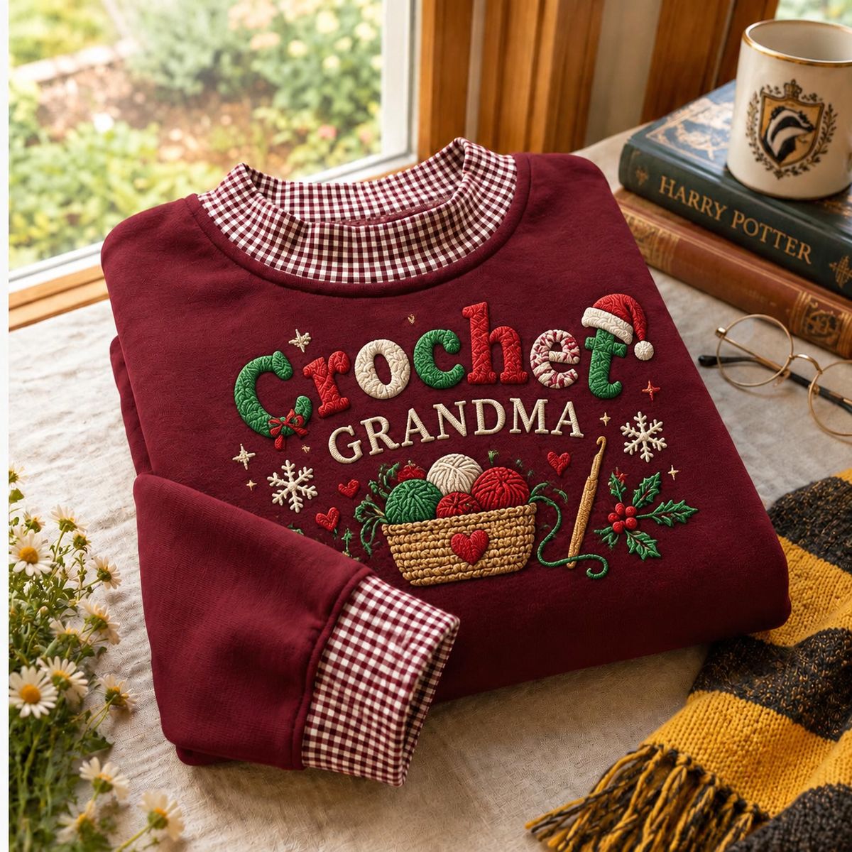 Gingham Sweatshirt LN Christmas Crochet Grandma, Soft Cotton Blend Pullover for Festive Yarn Crafting Gifts