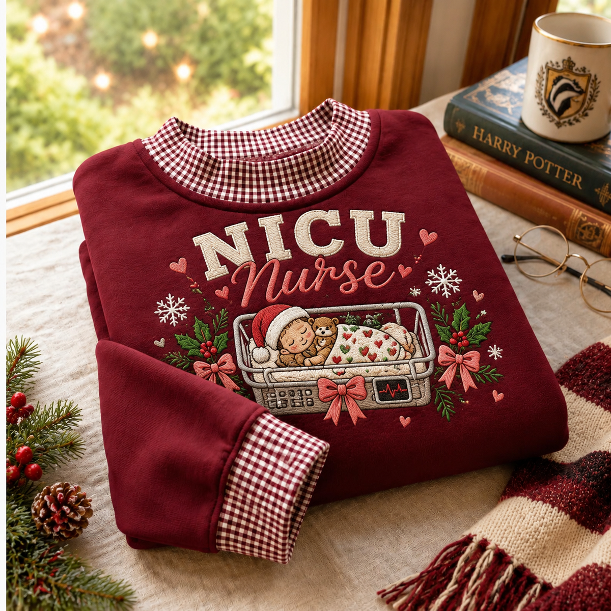 Gingham Sweatshirt LN Christmas Nicu Nurse, Cozy Cotton Blend Holiday Pullover for Neonatal Healthcare Workers