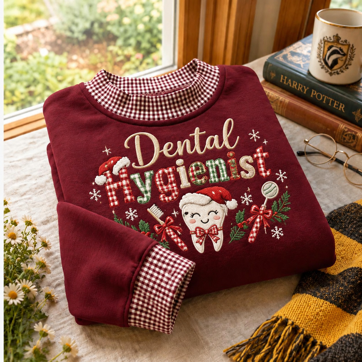 Gingham Sweatshirt LN Christmas Dental Hygienist, Soft Cotton Blend Pullover for Festive Dentistry Work Outfits