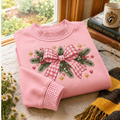 Gingham Sweatshirt LN Christmas Pink Bow, Soft Cotton Blend Pullover for Coquette Holiday Fashion Lovers