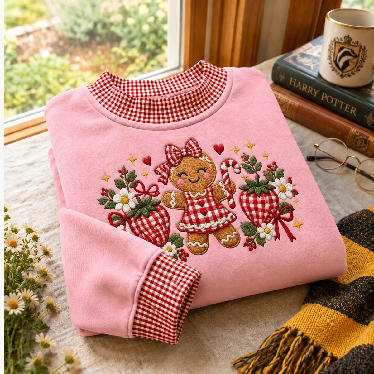 Gingham Sweatshirt LN Christmas Strawberry Gingerbread, Cozy Cotton Blend Pullover for Sweet Holiday Aesthetic