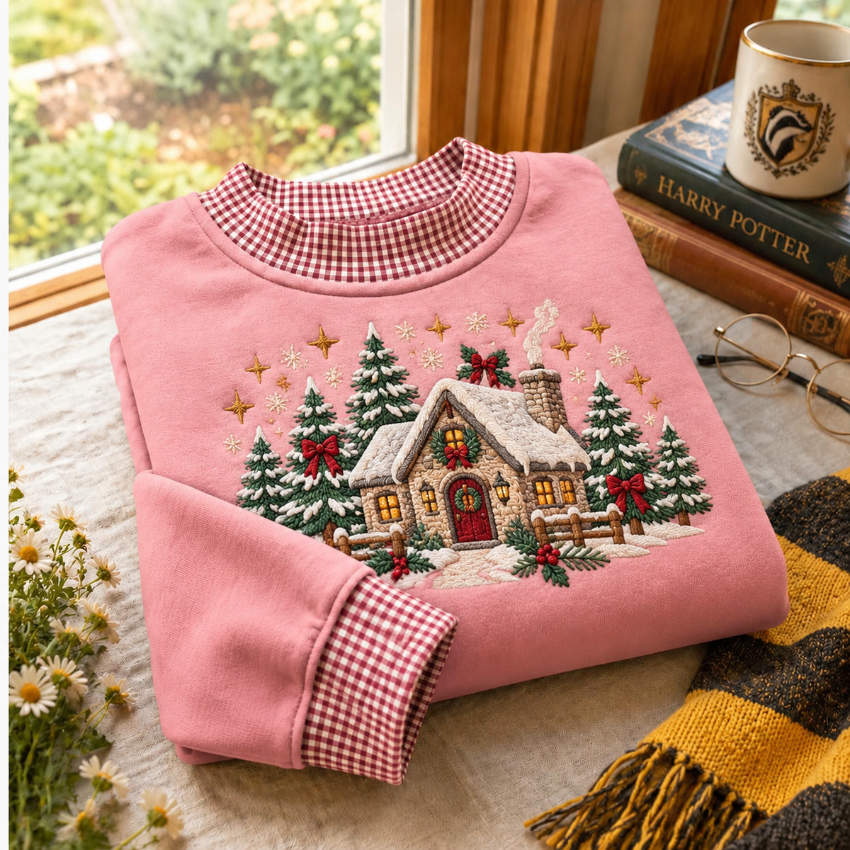 Gingham Sweatshirt LN Christmas Cozy Cottage, Soft Cotton Blend Pullover for Rustic Holiday Winter Fashion