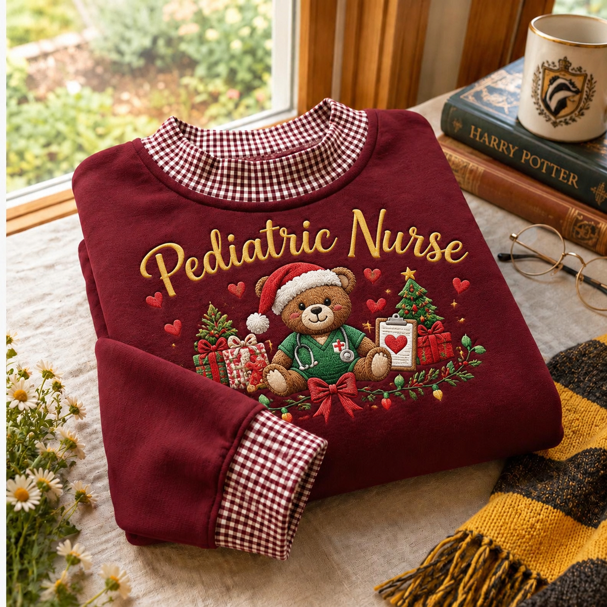 Gingham Sweatshirt LN Christmas Pediatric Nurse, Soft Cotton Blend Holiday Pullover for Children's Healthcare Staff
