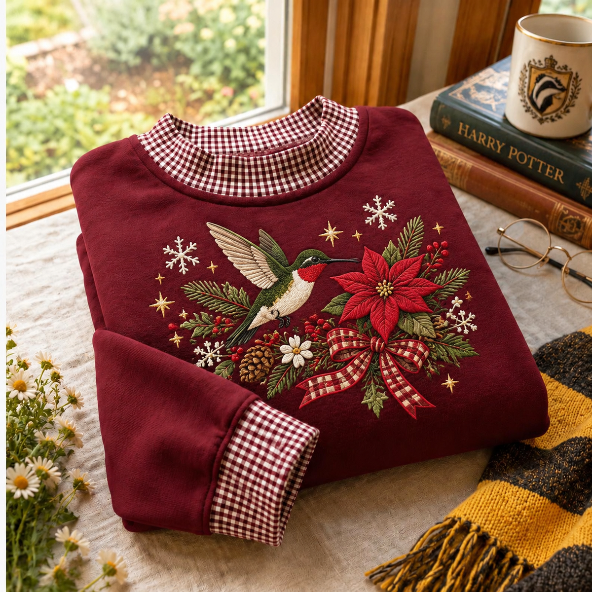 Gingham Sweatshirt LN Christmas Hummingbird Lover, Soft Cotton Blend Holiday Pullover for Birdwatching Enthusiasts