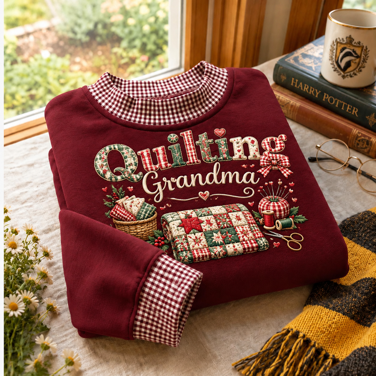 Gingham Sweatshirt LN Christmas Quilting Grandma, Cozy Cotton Blend Pullover for Festive Sewing Craft Lovers