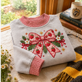 Gingham Sweatshirt LN Christmas Strawberry Bow, Soft Cotton Blend Pullover for Cute Coquette Holiday Outfits