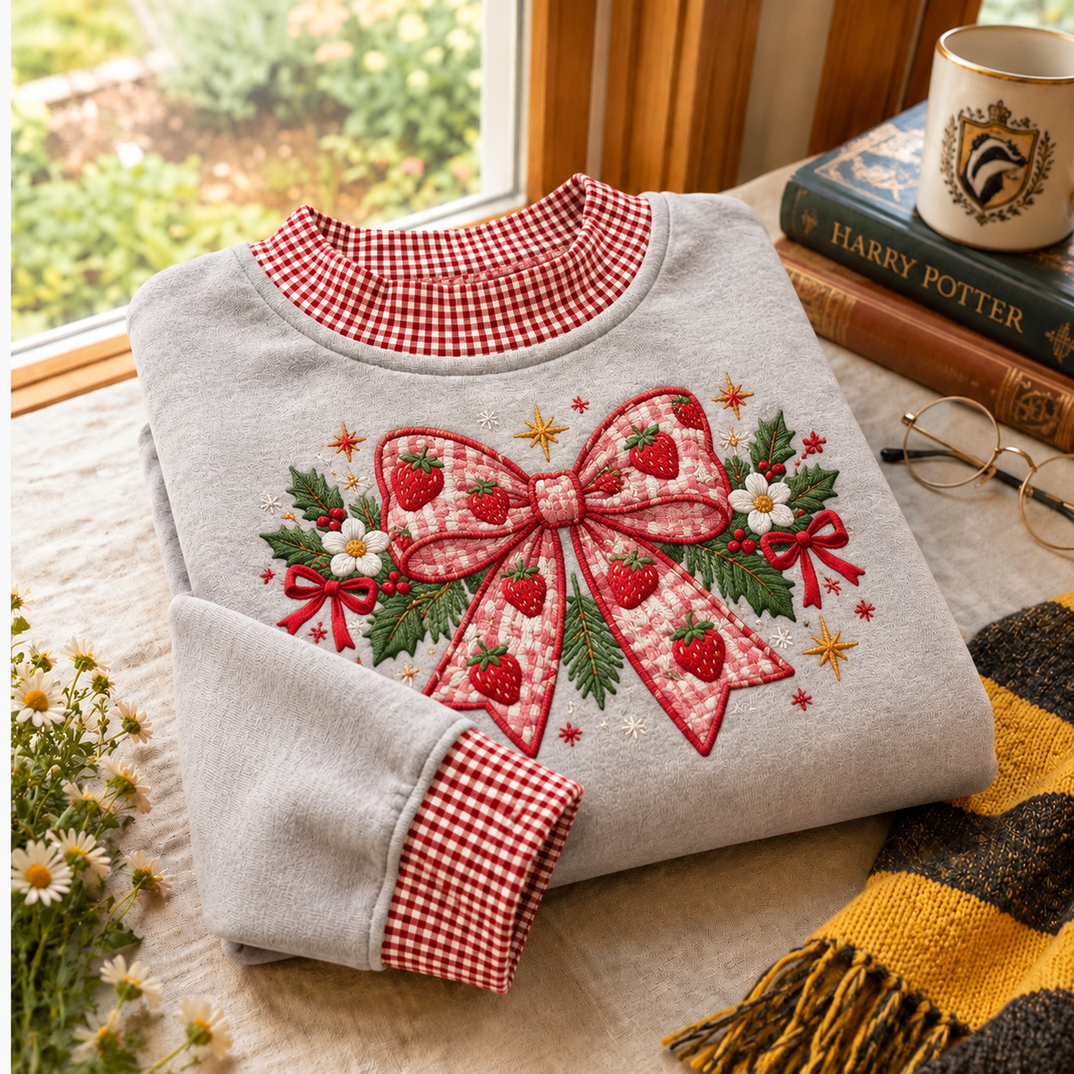 Gingham Sweatshirt LN Christmas Strawberry Bow, Soft Cotton Blend Pullover for Cute Coquette Holiday Outfits