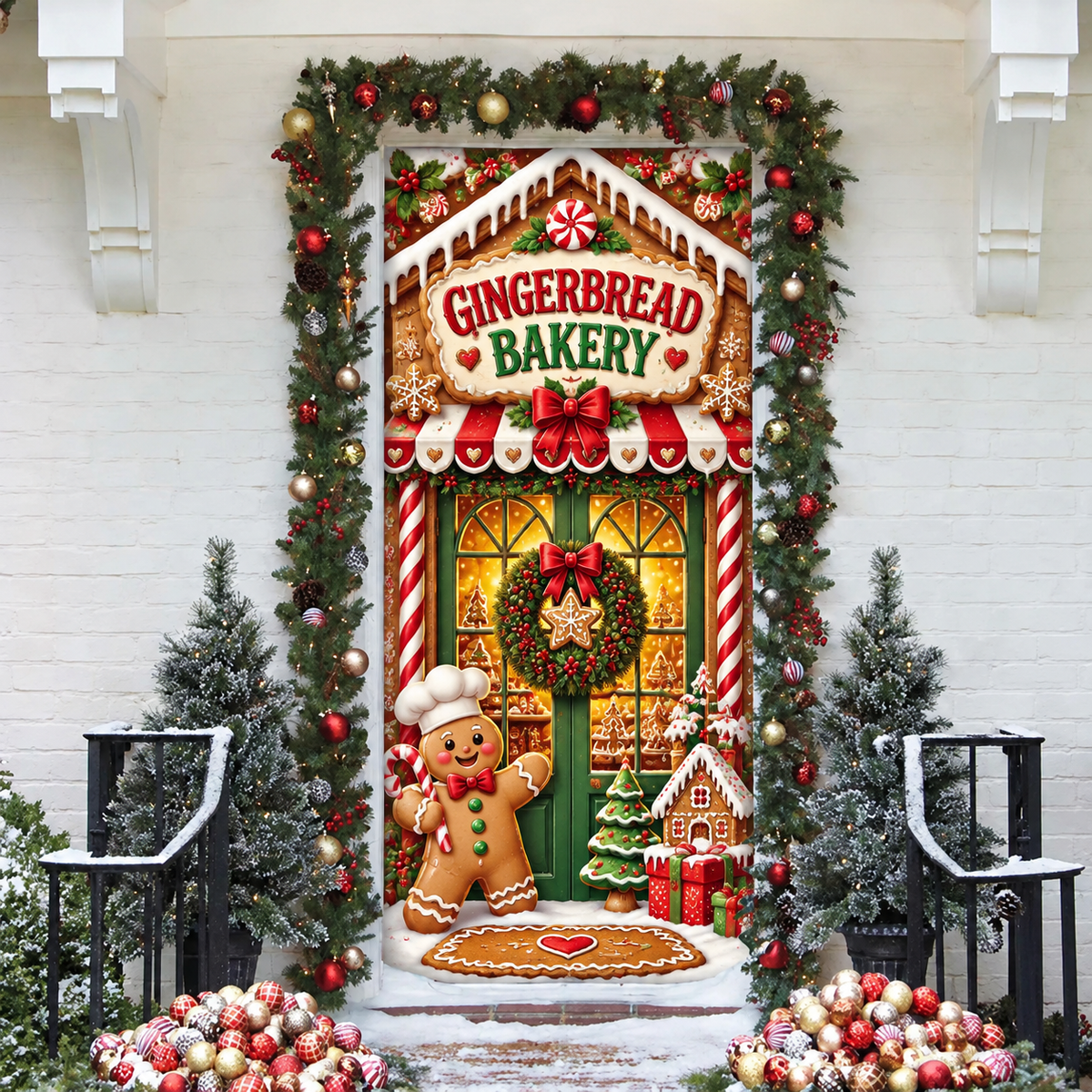Gingerbread Bakery Christmas Holiday LN Door Cover, Fabric Front Porch Hanging