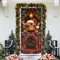 Christmas Highland Cow Barn Holiday LN LN Door Cover, Rustic Fabric Porch Hanging