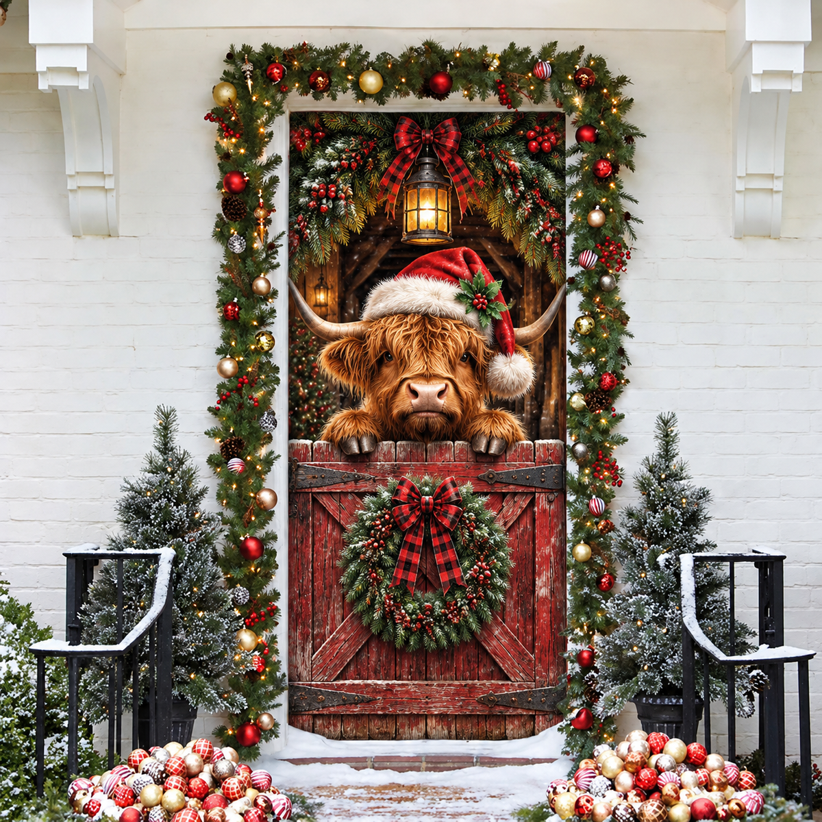 Christmas Highland Cow Barn Holiday LN LN Door Cover, Rustic Fabric Porch Hanging