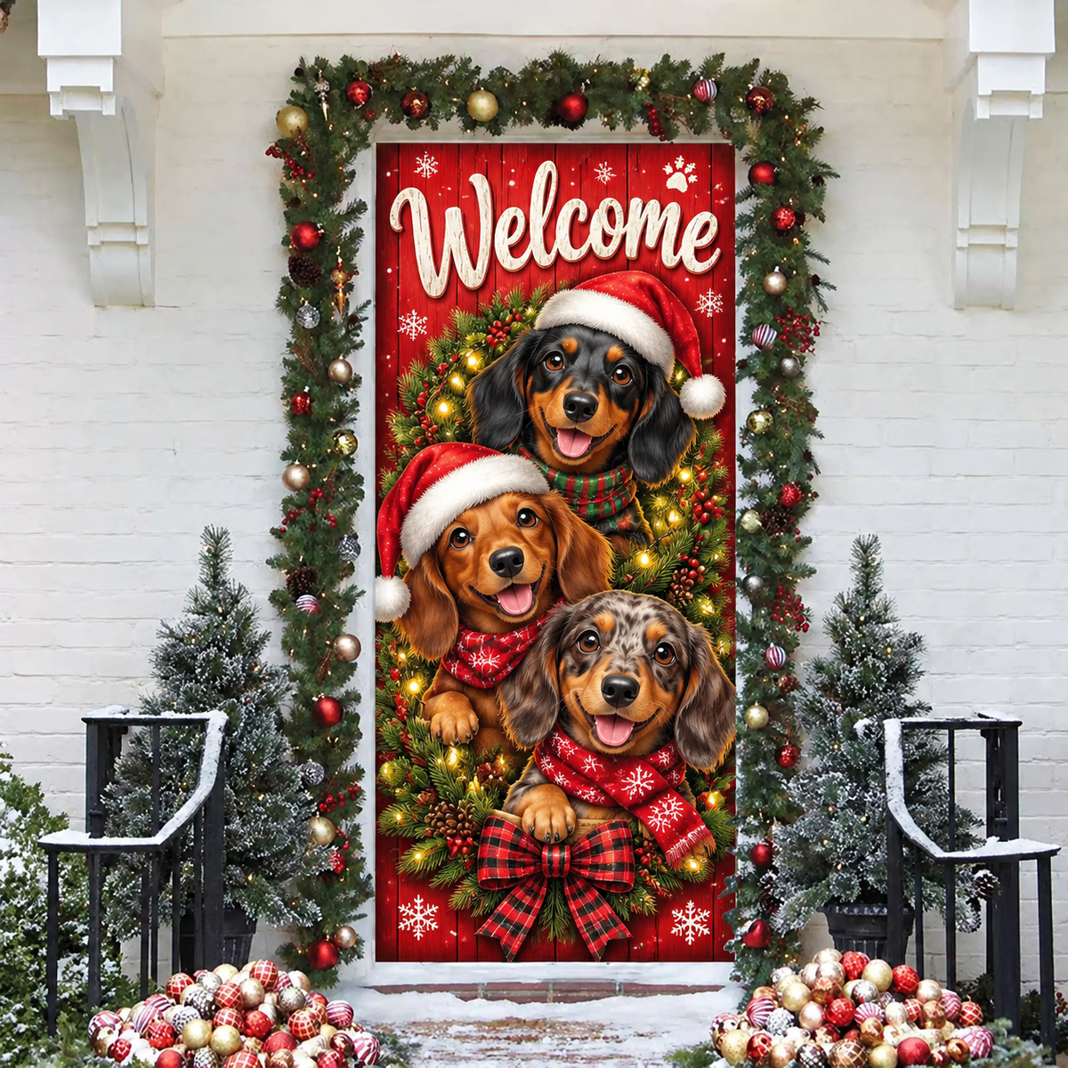 Christmas Dachshund Welcome Holiday LN LN Door Cover, Cute Fabric Front Porch Hanging