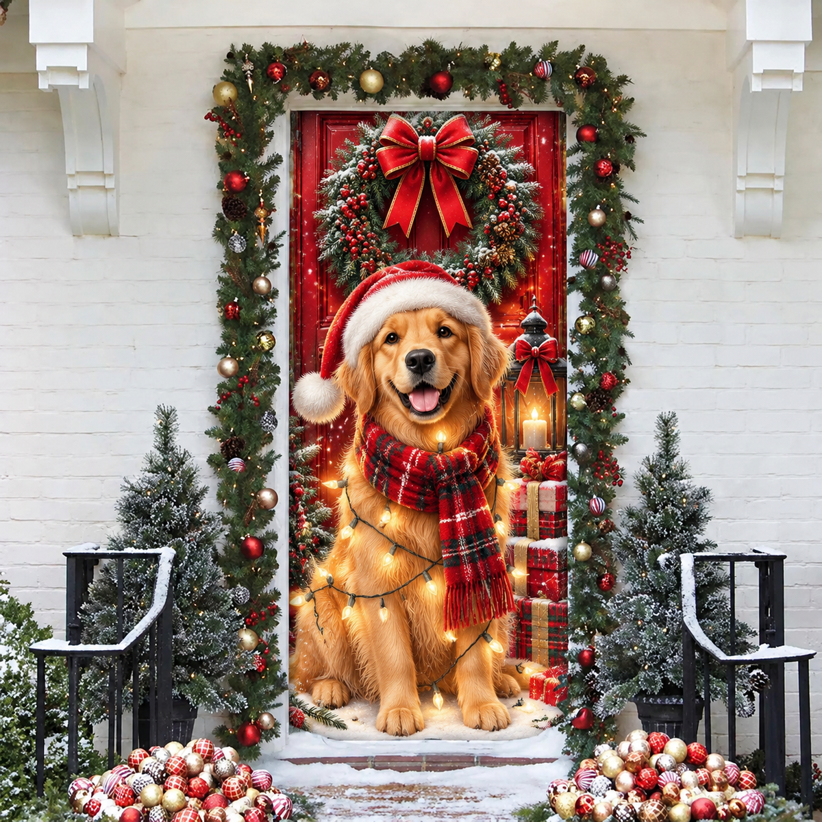 Christmas Golden Retriever Holiday LN LN Door Cover, Festive Fabric Porch Hanging