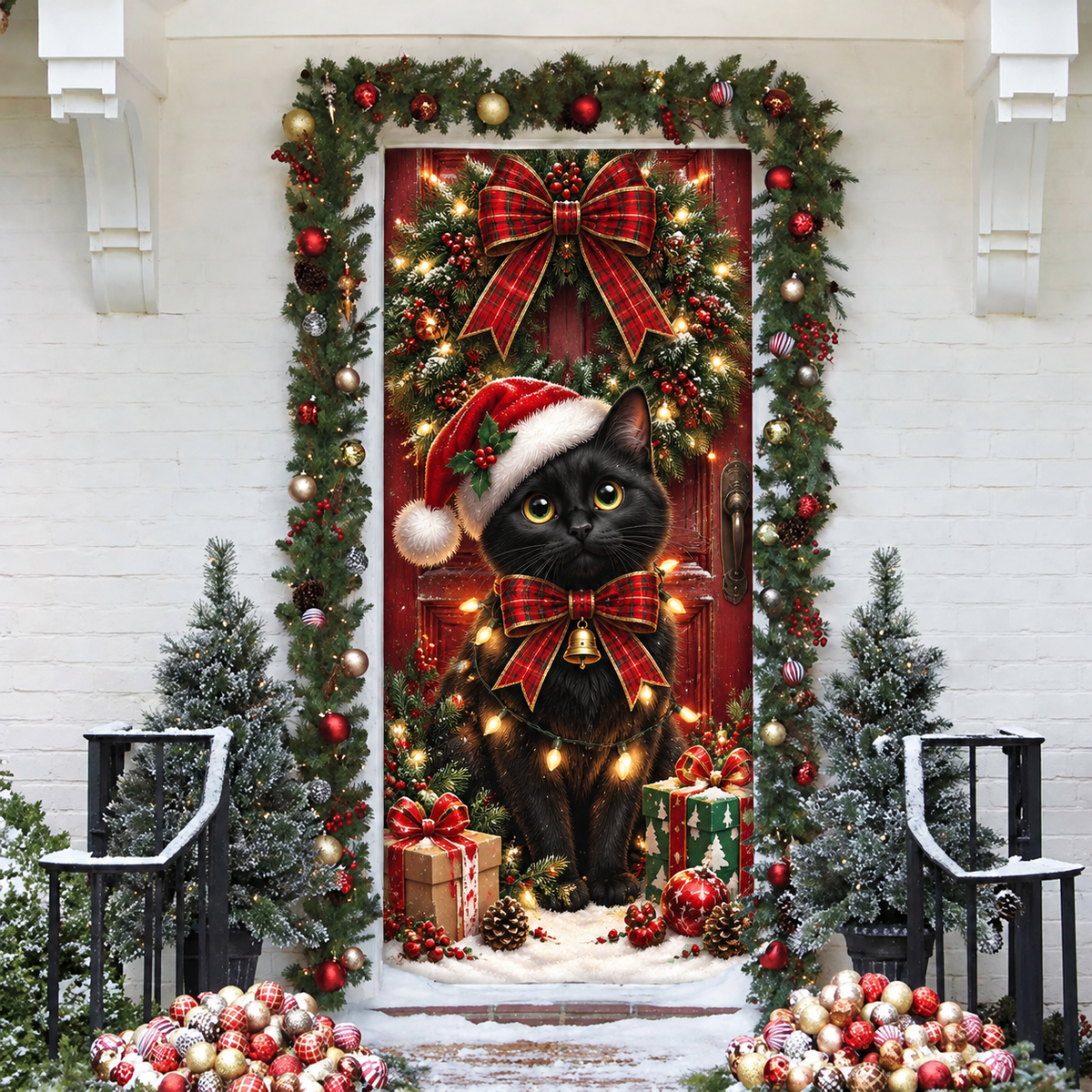 Christmas Black Cat Holiday LN LN Door Cover, Spooky Fabric Front Porch Hanging