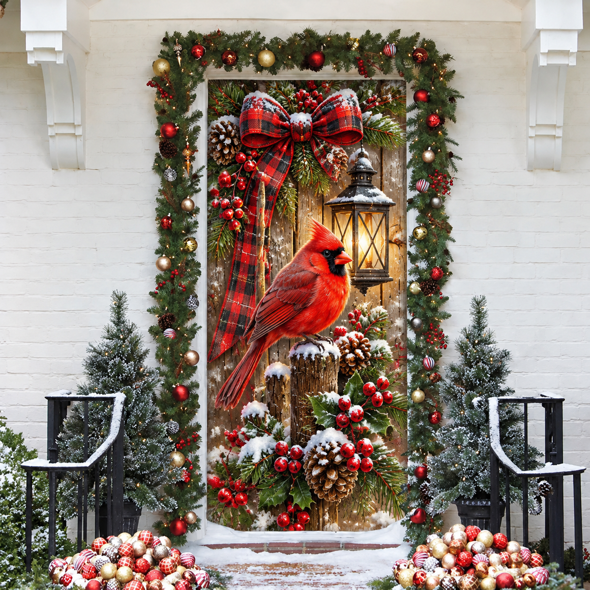 Christmas Red Cardinal Holiday LN LN Door Cover, Winter Fabric Front Porch Hanging