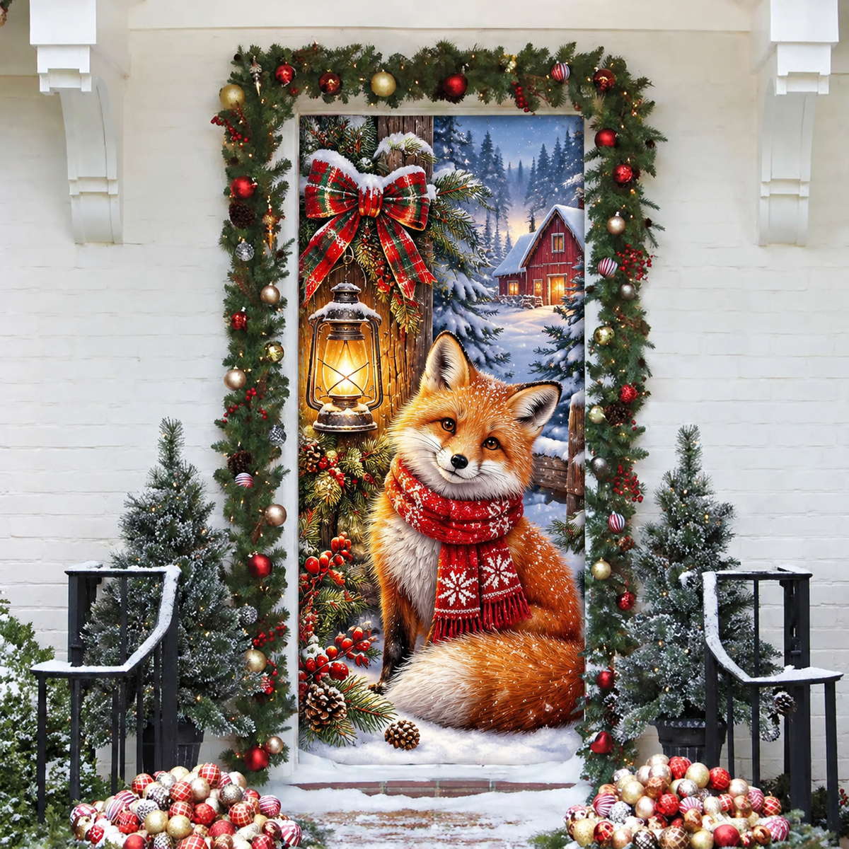 Christmas Woodland Fox Holiday LN LN Door Cover, Rustic Fabric Front Porch Hanging