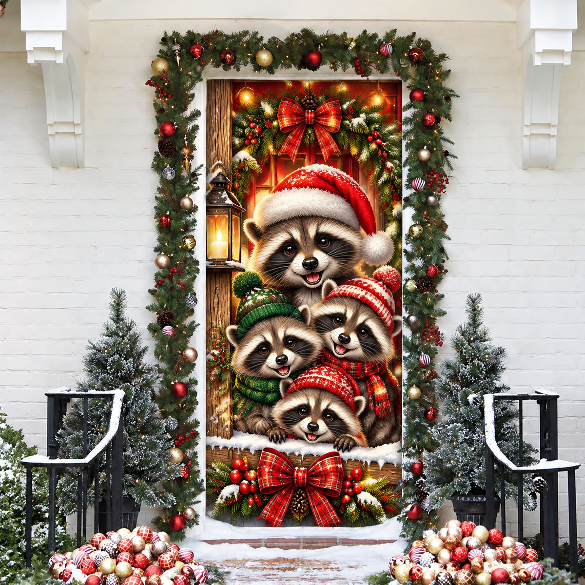 Christmas Raccoon Family Holiday LN LN Door Cover, Cute Fabric Porch Hanging