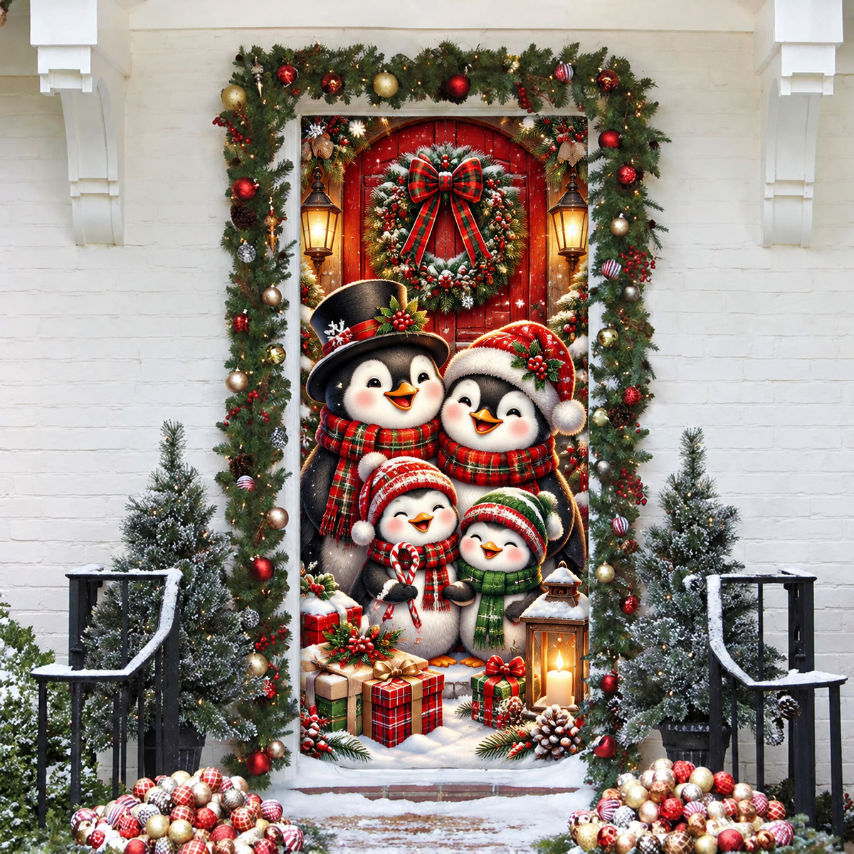 Christmas Penguin Family Holiday LN LN Door Cover, Winter Fabric Porch Hanging