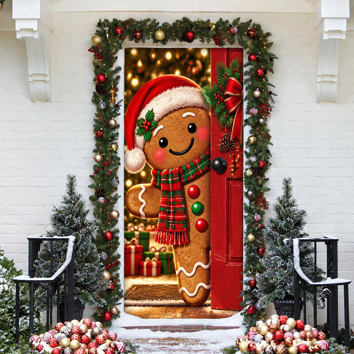 Christmas Gingerbread Man Holiday LN LN Door Cover, Sweet Fabric Front Porch Hanging