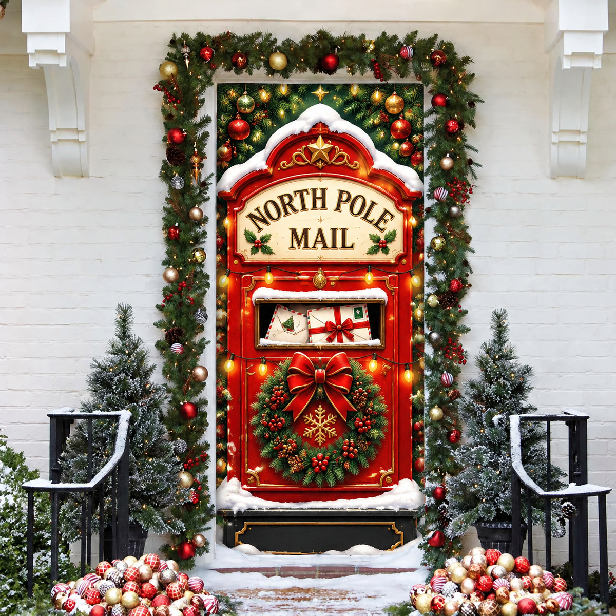 Christmas North Pole Mailbox Holiday LN LN Door Cover, Festive Fabric Porch Hanging