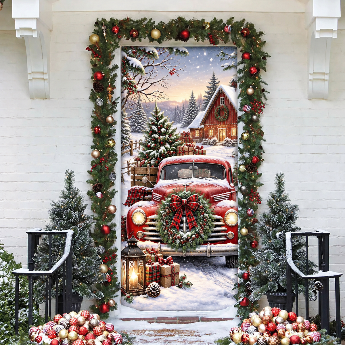 Christmas Rustic Red Truck Holiday LN Door Cover, Fabric Farmhouse Entryway Decor
