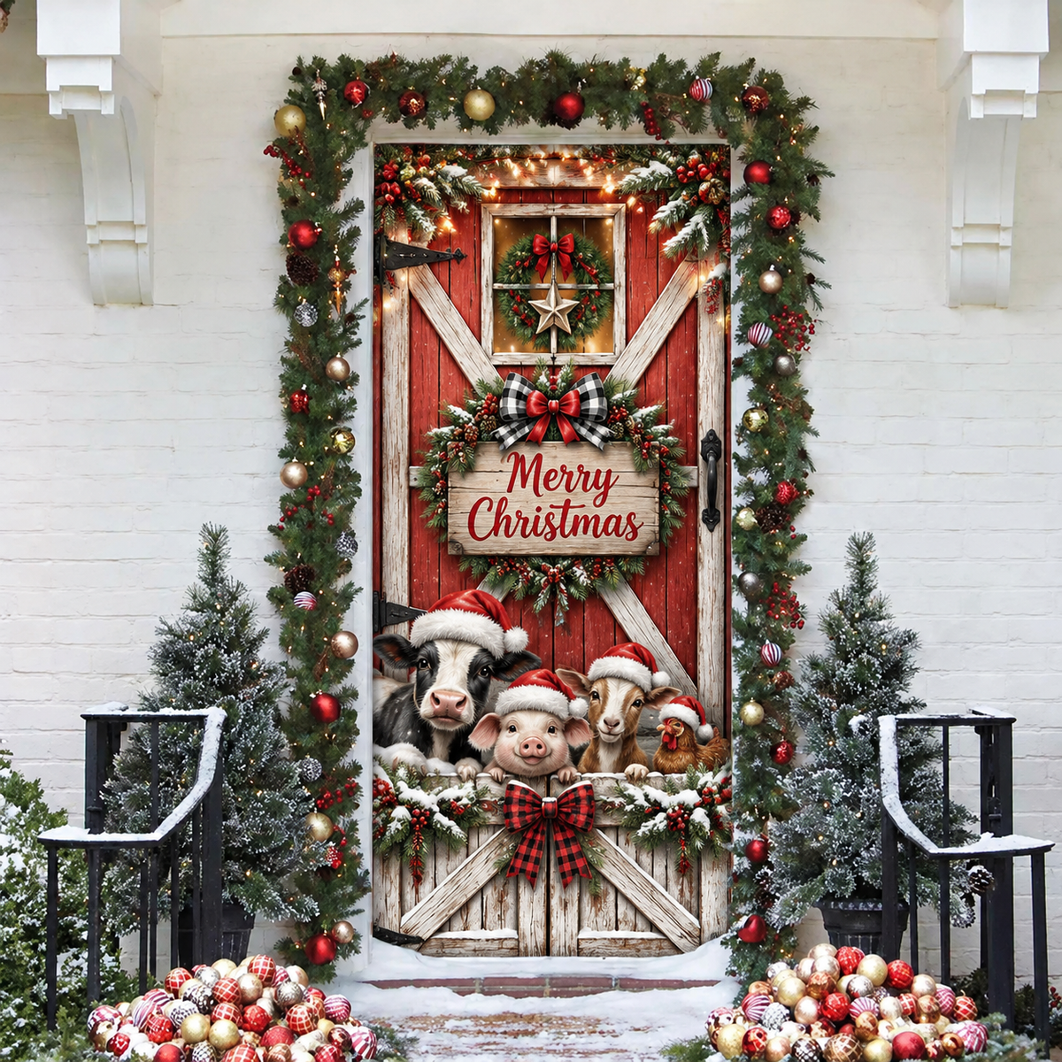 Christmas Farmhouse Barn Holiday LN Door Cover, Rustic Fabric Entryway Decor