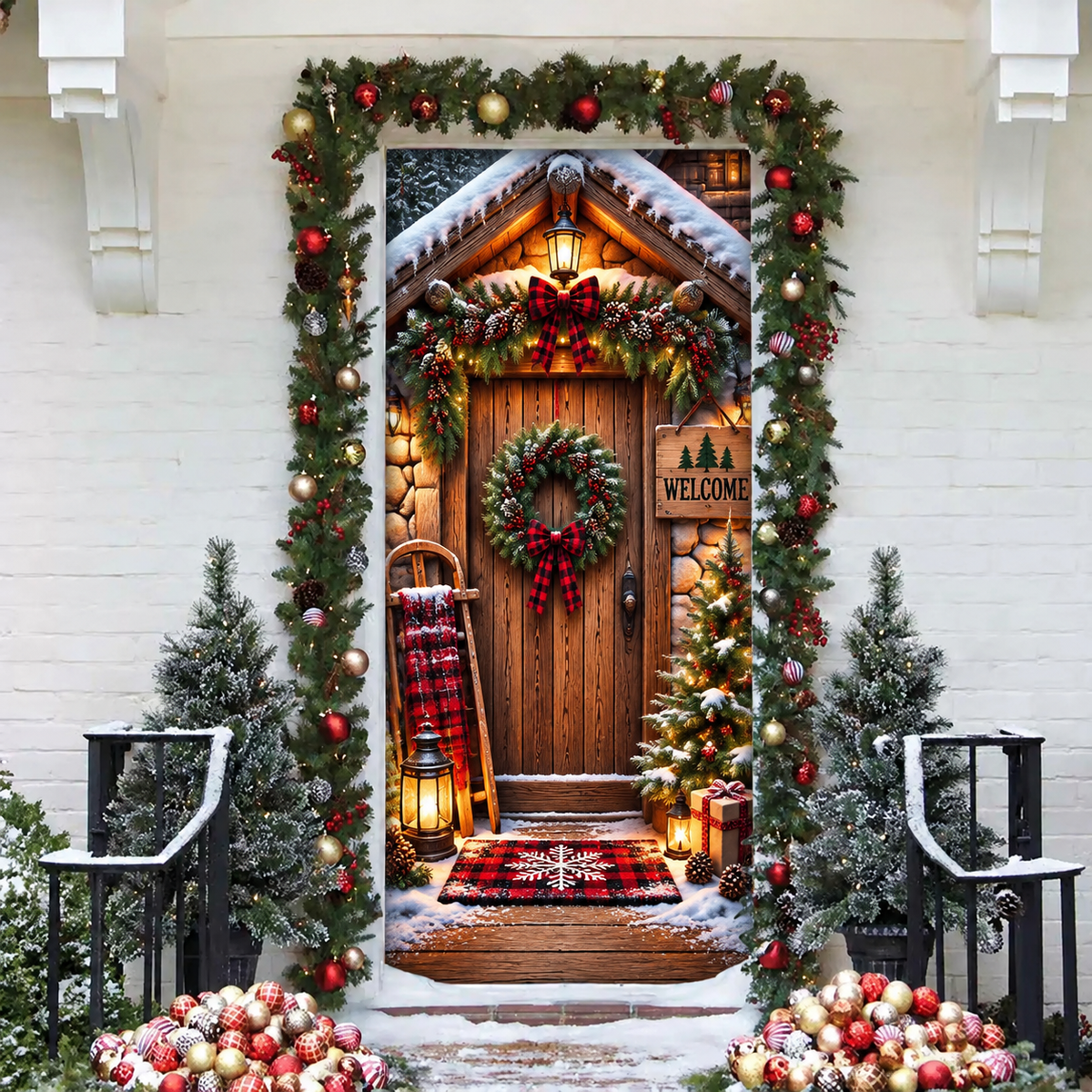 Christmas Cozy Cabin Holiday LN Door Cover, Rustic Woodland Fabric Entryway Decor