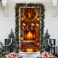 Christmas Fireplace Illusion Holiday LN Door Cover, Cozy Hearth Fabric Entryway Decor
