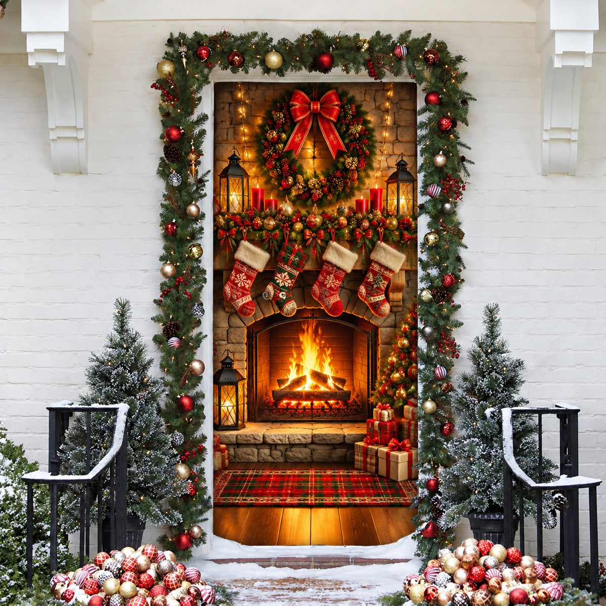 Christmas Fireplace Illusion Holiday LN Door Cover, Cozy Hearth Fabric Entryway Decor