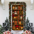 Christmas Library Bookshelf Holiday LN Door Cover, Literary Fabric Entryway Decor