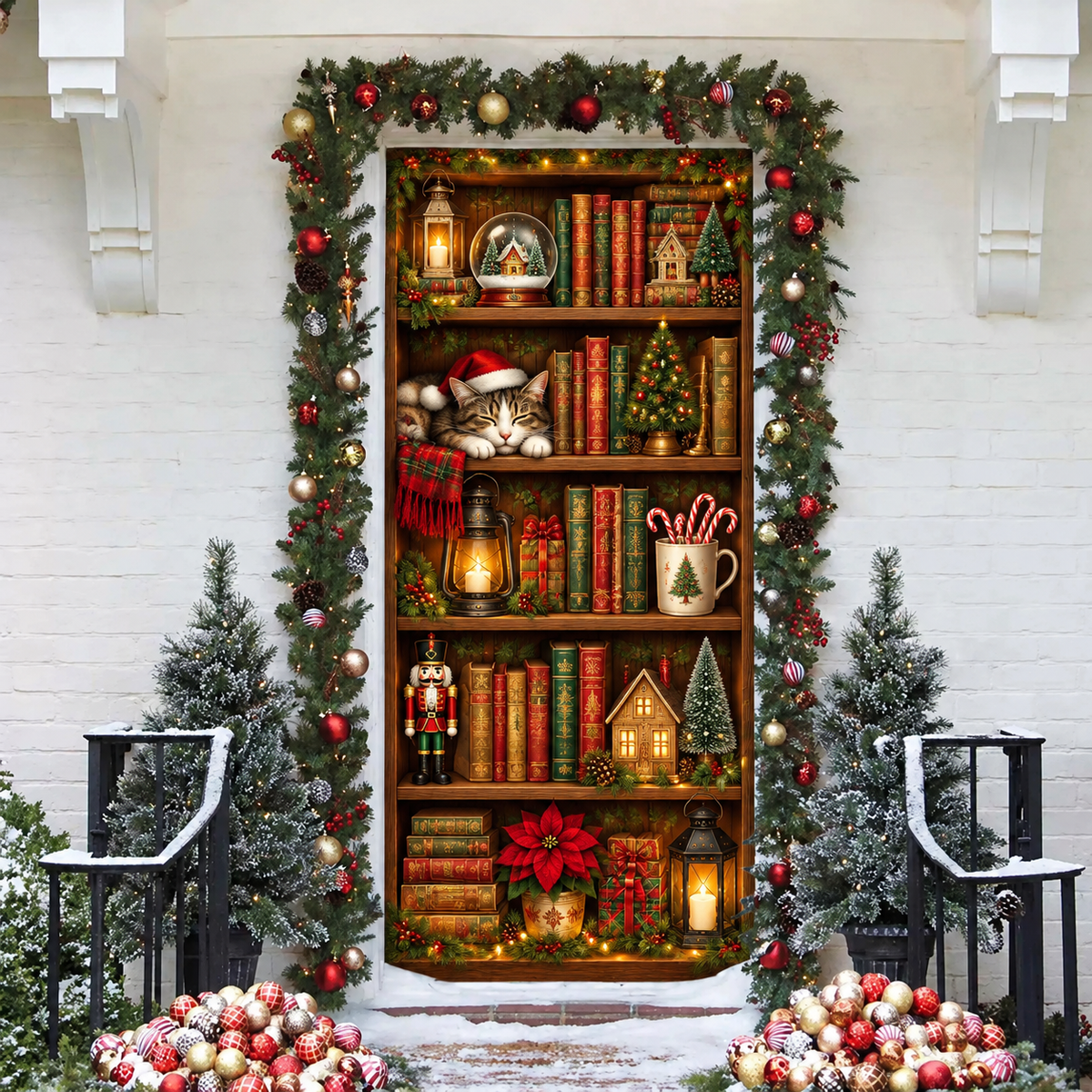 Christmas Library Bookshelf Holiday LN Door Cover, Literary Fabric Entryway Decor