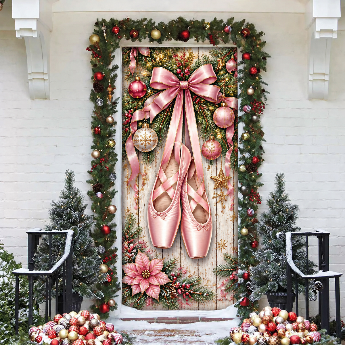 Christmas Ballet Slippers Holiday LN Door Cover, Elegant Dance Studio Fabric Decor