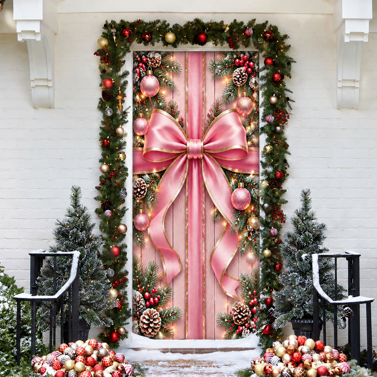 Christmas Pink Bow Holiday LN Door Cover, Girly Coquette Fabric Entryway Decor