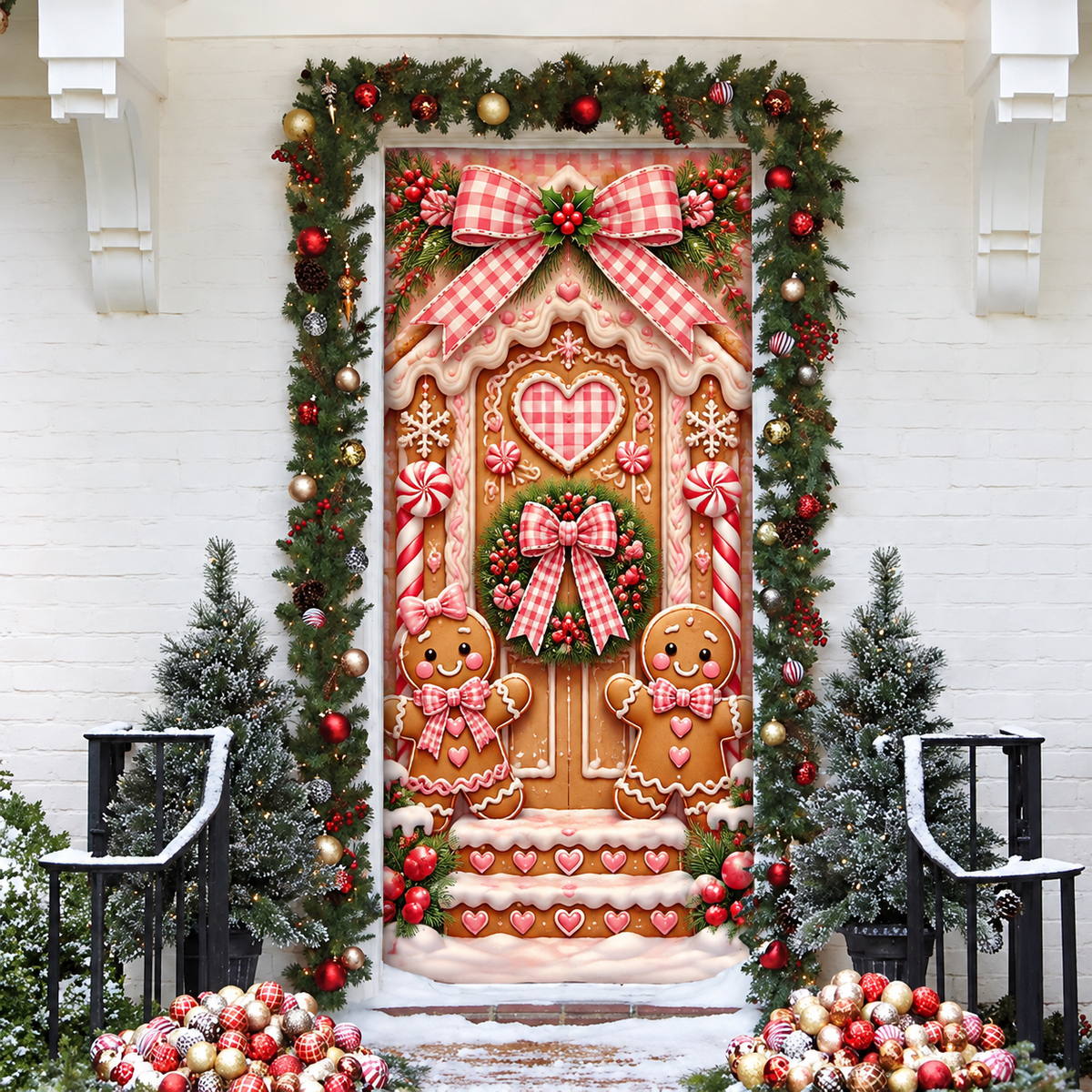 Christmas Coquette Gingerbread Holiday LN Door Cover, Sweet Pink Fabric Entryway Decor